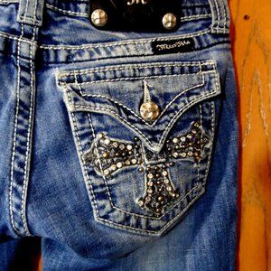 MISS ME Jeans Sz 24 Crop Capri Designer 26x 21 Flap Fleur pocket Bling Dark wash